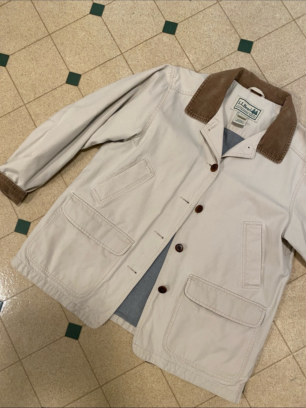 L.L. Bean “The Barn Coat” Cream Canvas Field Jacket with Brown Corduroy Collar
